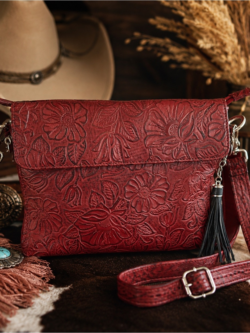 Tooled Floral Burgundy Crossbody Concealed Carry Purse Tassel Bag